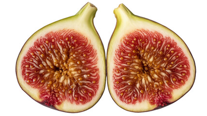 Halves of a ripe fig fruit showing interior texture isolated on transparent background