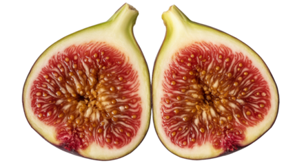 Halves of a ripe fig fruit showing interior texture isolated on transparent background