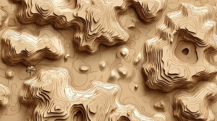 3D topographical map rendering with detailed contour lines and a muted beige color palette
