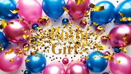 Gender Reveal Decoration with Balloons and Confetti - A bright gender reveal party decoration featuring blue and pink balloons, with gold confetti and gold letters spelling "Boy or Girl?".