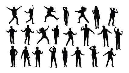 a collection of diverse human figures in various dynamic poses displayed as a striking black silhouette