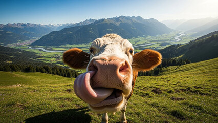 A curious, funny Alpine cow licks its nose in a quirky close-up against a majestic mountain valley backdrop, offering a unique and humorous perspective.