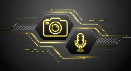 Glowing digital camera and microphone icons connected by abstract circuit lines on a dark background.