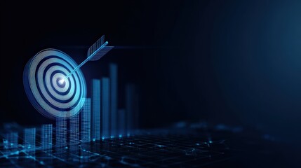A bullseye target with a single arrow hitting the center, against a backdrop of data bars. ..Created with Generative AI, not depicting real subjects.