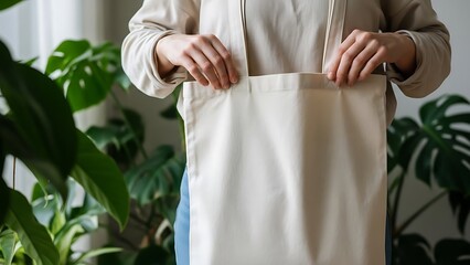 Person holding a plain beige canvas tote bag with green monstera plant leaves in soft natural light, eco-friendly shopping concept.