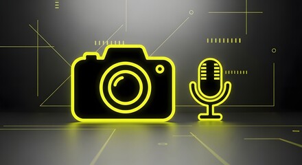Neon yellow camera and microphone icons glowing on a dark, reflective digital background with circuit patterns.