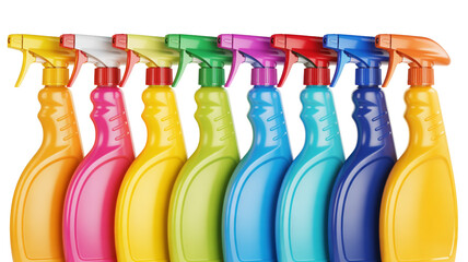 Collection of colorful spray bottles for cleaning products isolated on transparent background