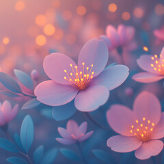 Fototapeta premium AI generated pastel fantasy glowing flowers with soft pink blue tones golden light centers dreamy romance calm mood and clean copy space for design