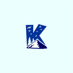 A beautiful mountain scene with birds in flight shaping a bold alphabet emblem. Suitable for eco brands, adventure companies, travel agencies, and modern minimalist identities.