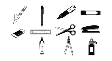 A collection of common office and school stationery items in black and white