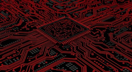 A close-up view of a glowing red circuit board with a central microchip, illustrating digital technology and electronic components.