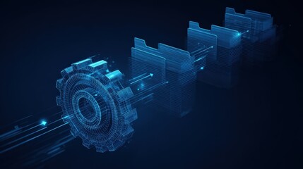 A futuristic digital engineering schematic, featuring an intricate gear mechanism, and connected components. Displayed with a cool. ..Created with Generative AI, not depicting real subjects.