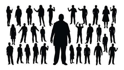 a diverse collection of black silhouettes depicting various human poses and figures against a stark white background silhouette
