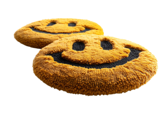 Smiley face patterned area rug with 3D tufted texture isolated on a transparent background