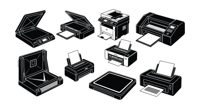 Various types of printers displayed in a monochrome illustrative style