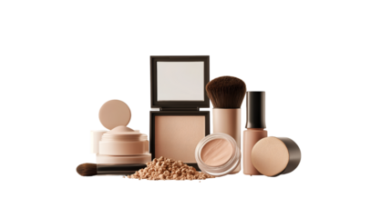 Assortment of luxury beige cosmetic products including loose powder foundation and makeup brushes on black