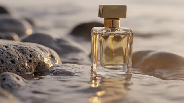 Perfume Bottle on Beach Rocks - A rectangular glass perfume bottle with a gold cap sits on wet rocks at the edge of the ocean.