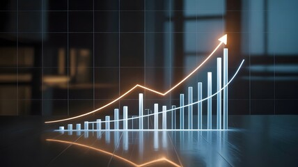 Bright glowing bar graph and line chart depicting significant financial growth and market prosperity on a reflective surface within a dark, modern corporate environment