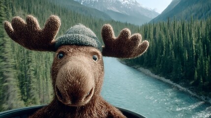A cartoon moose with a hat poses by a river and forest against a backdrop of mountains