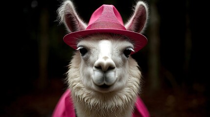 Fototapeta premium A charming llama portrait, donned in a vibrant pink fedora, and matching cloak