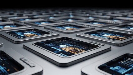 A grid of futuristic square modules with glowing circuit displays.