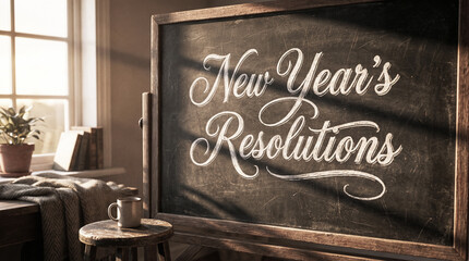 New Year's Resolutions on Chalkboard in Cozy Sunlight