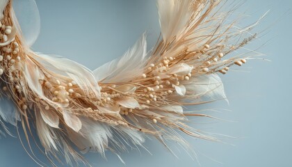 Decorative wreath crafted from dried botanical elements and soft plumes hangs against a pale background