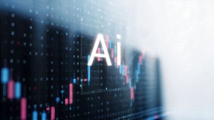 Artificial intelligence ai digital data analysis on screen with stock market candlestick chart background