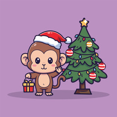 Cute Vector Illustration of a Monkey in Santa Hat Holding Gift Beside Decorated Christmas Tree on Light Purple Background