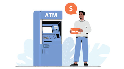 Man Using ATM Machine with Bank Card &ndash; Financial Transaction, Withdrawal, and Digital Banking Illustration
