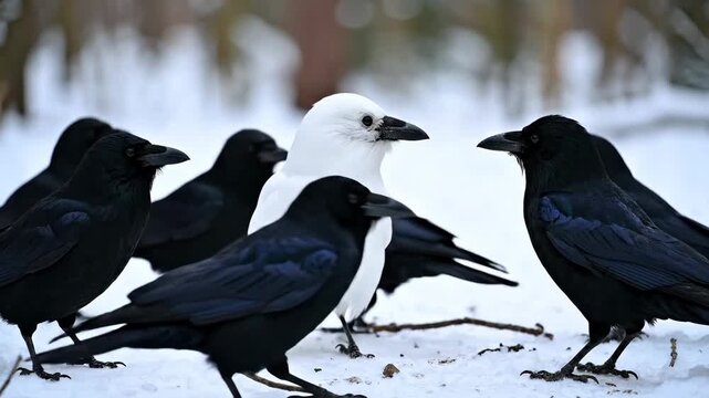 White Crow Among Black Crows - This video shows a rare white crow standing amongst a group of black crows in a snowy environment.