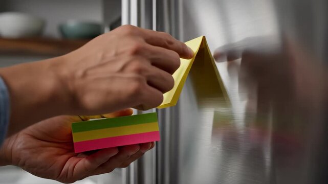 Colorful Sticky Notes on Refrigerator - A person's hand is placing a yellow sticky note onto a stainless steel refrigerator. The sticky note pad is a stack of pink, yellow, and green colors.