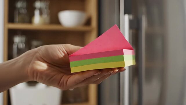 Colorful Sticky Notes in Hand - A hand holds a stack of colorful sticky notes, featuring pink, green, and yellow.