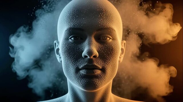Sculpture human head formed from small particles and smoke dissolves into darkness with dramatic lighting, illustrating concept of digital dematerialization and digital mind consciousness