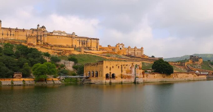 Panoramic view of historic Amber fort in Jaipur, Rajasthan, India, a UNESCO World Heritage site and a major tourist attraction.