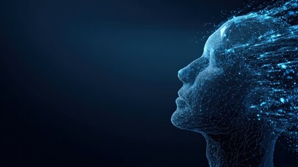 A mesmerizing visual representation of human consciousness, depicted as an ethereal, digital profile against a deep blue backdrop. ..Created with Generative AI, not depicting real subjects.