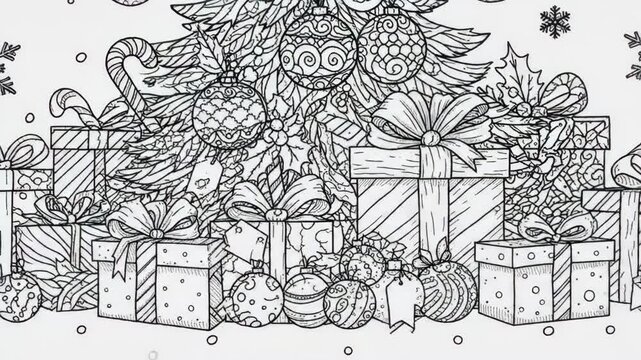 Christmas Tree and Gifts Coloring Page - Black and white illustration of a Christmas tree with ornaments, surrounded by wrapped gifts with ribbons, candy canes and snowflakes.