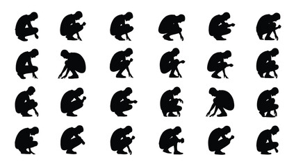 a collection of various black silhouettes depicting a person in different walking and running poses arranged in a grid silhouette