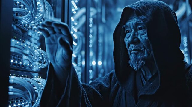 Server Room Sage - An elderly man in a hooded robe appears to be monitoring a large server room, possibly overseeing its functions or attempting to understand its complex system.