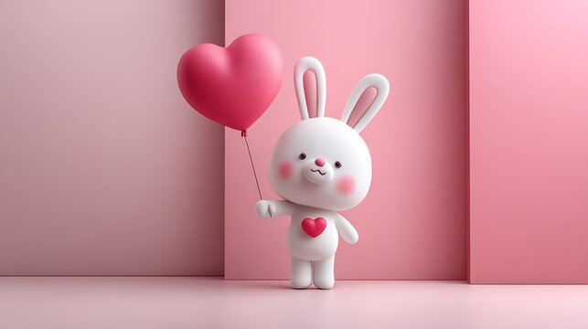 Cute rabbit holding heart balloon pink background valentine gift box valentine theme whimsical environment playful viewpoint - Powered by Adobe