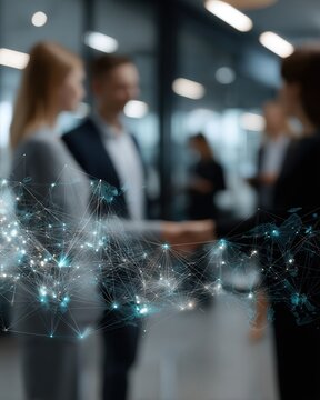 A diverse group of professionals forms an overlapping chain of handshakes, symbolizing a new multilayered global partnership in a modern conference setting.