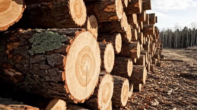 Stacked Logs Timber Industry - A large stack of freshly cut logs are piled high at a lumber yard. The logs show the rings of the trees, and the bark is intact.