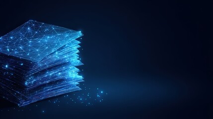A futuristic digital data sheets illuminated, representing a technological concept against a dark blue background. ..Created with Generative AI, not depicting real subjects.