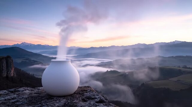 Vapor diffuser atop cliff with mountain background at dawn sunrise