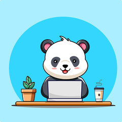 Cute Panda Character Working on Laptop at Desk Vector Illustration Cartoon Kawaii
