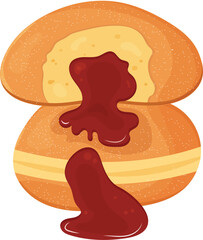 Fluffy Doughnuts with Strawberry Filling and Cream or bomboloni. Dessert Illustration.