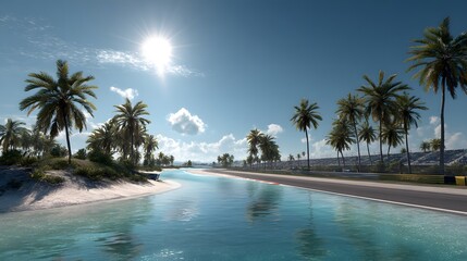 Tropical race track winding through turquoise lagoons and lush green palm tree landscape.