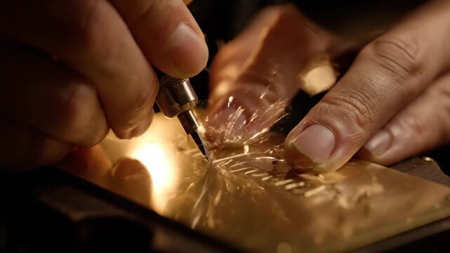 Skilled artisan meticulously engraves brass plate with precision tool