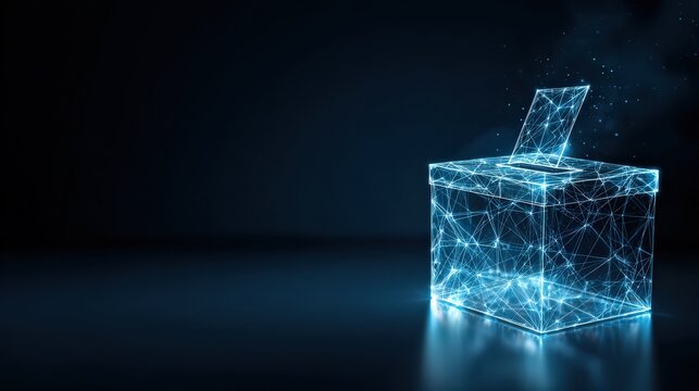 An illuminated digital voting box, representing electronic democracy, stands in a dark, atmospheric environment. ..Created with Generative AI, not depicting real subjects.