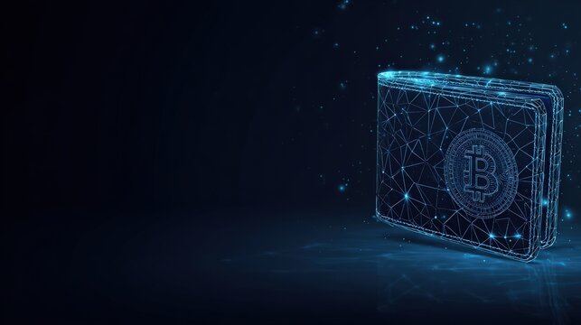 A digital Bitcoin wallet gleams with intricate detail, rendered in vibrant, futuristic technology and set against a dark background. ..Created with Generative AI, not depicting real subjects.